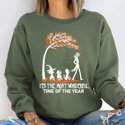 Orange Tree Vintage Halloween Spooky Autumn Night Scene With Pumpkins Bats And Owls Graphic Sweatshirt