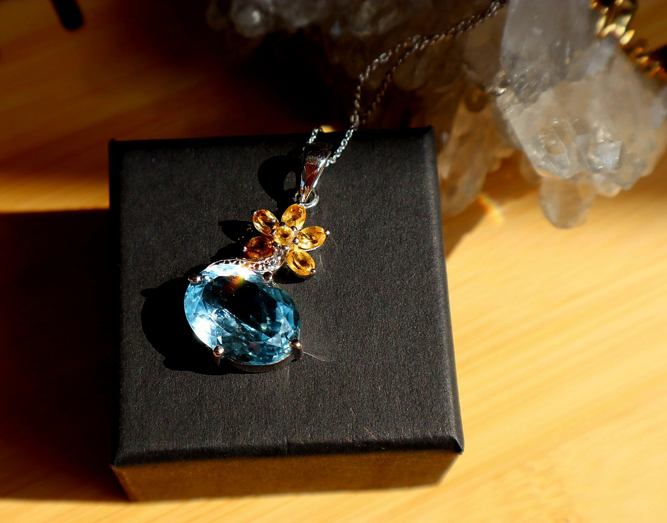 Genuine Blue Topaz & Citrine/ 925 flower necklace
