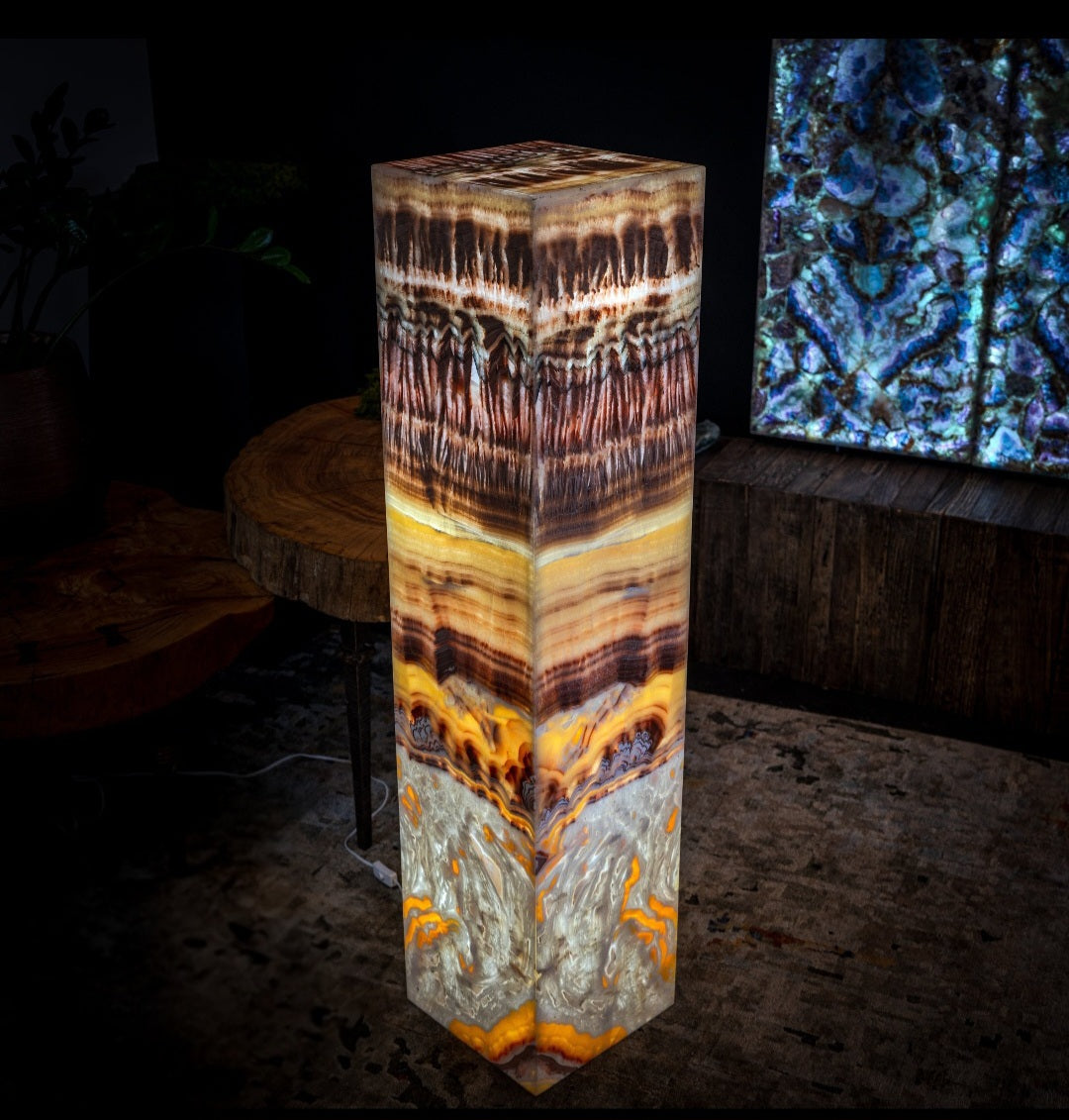 Golden Cloud Onyx Floor Lamp - Exotic Dragon Eye - Medium - 51.25"H x 12"W - Square - #1