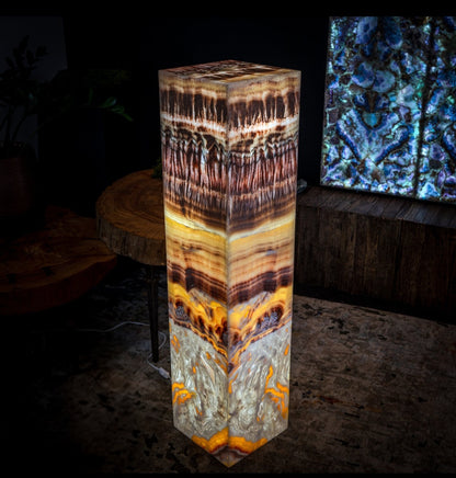 Golden Cloud Onyx Floor Lamp - Exotic Dragon Eye - Medium - 51.25"H x 12"W - Square - #1