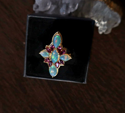 18K Gold Vermiel Over Silver Opal Roselight Cascade Ring size 10