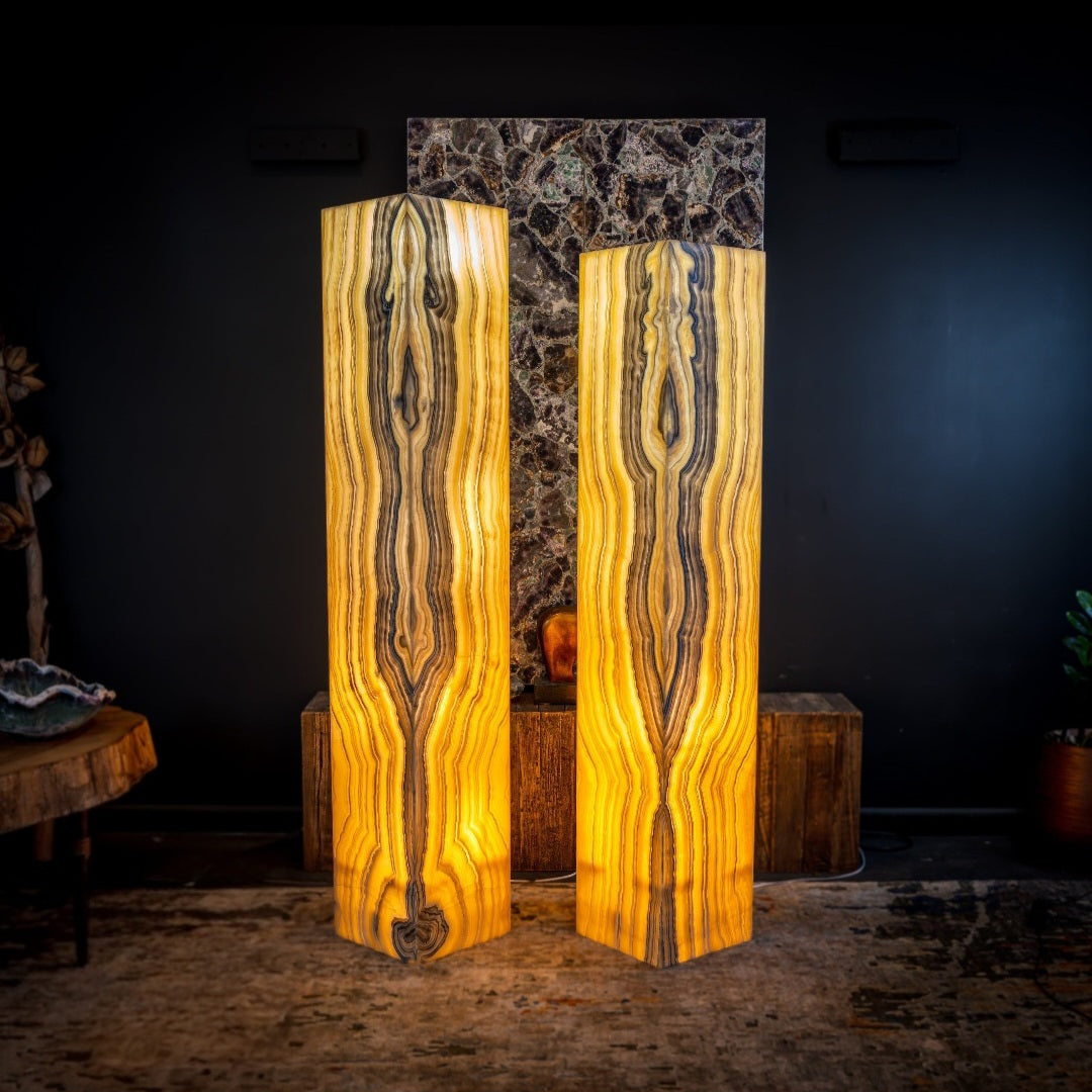 Golden Cloud Onyx Floor Lamp - Pair - Large - 63-67"H x 12-12"W - Square