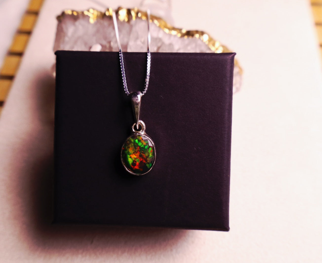 Oval Black opal Pendant with Adjustable chain 925 sterling.