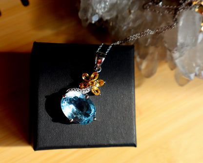 Genuine Blue Topaz & Citrine/ 925 flower necklace