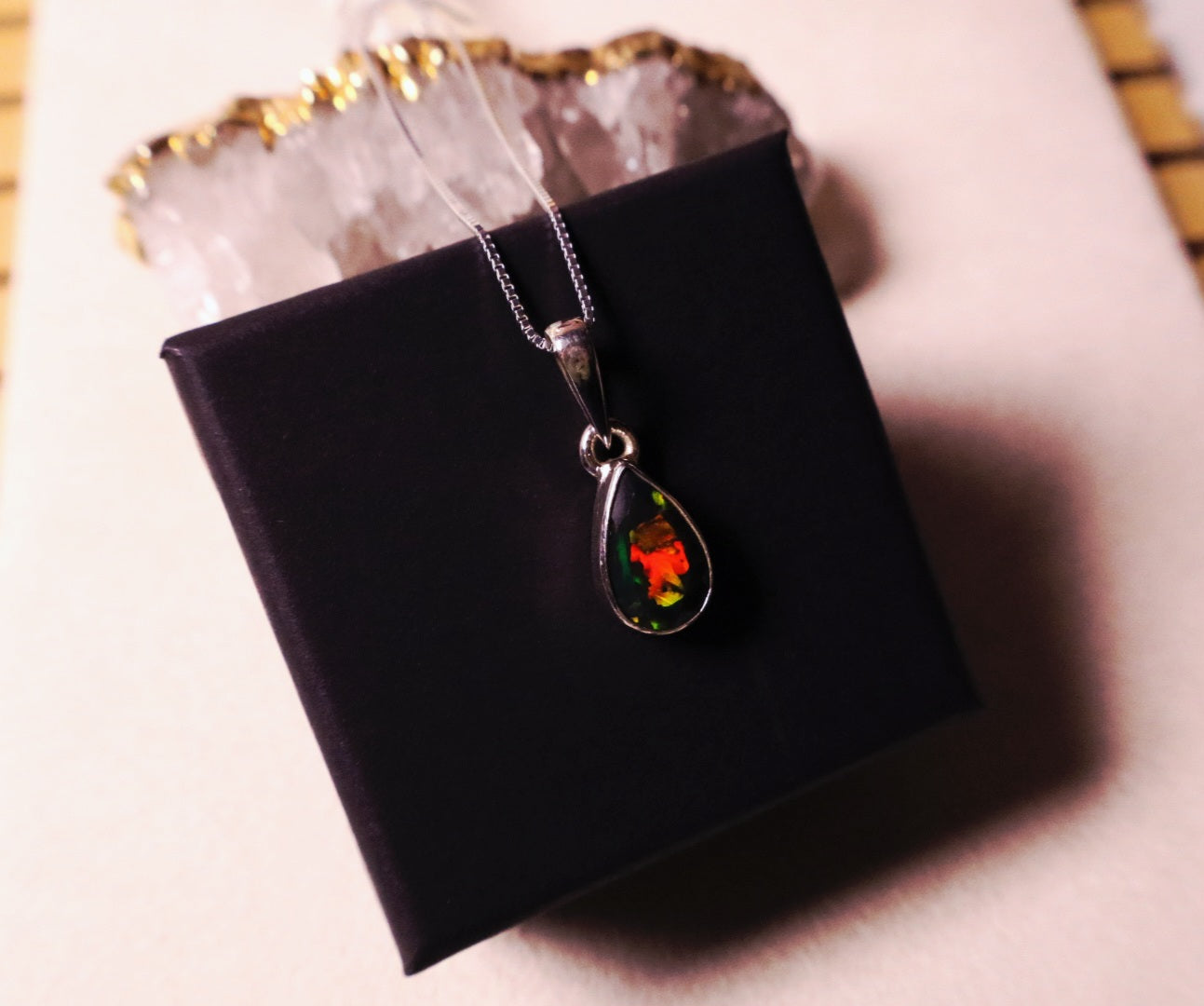 Raindrop Black Opal pendant with Adjustable chain 925 sterling.