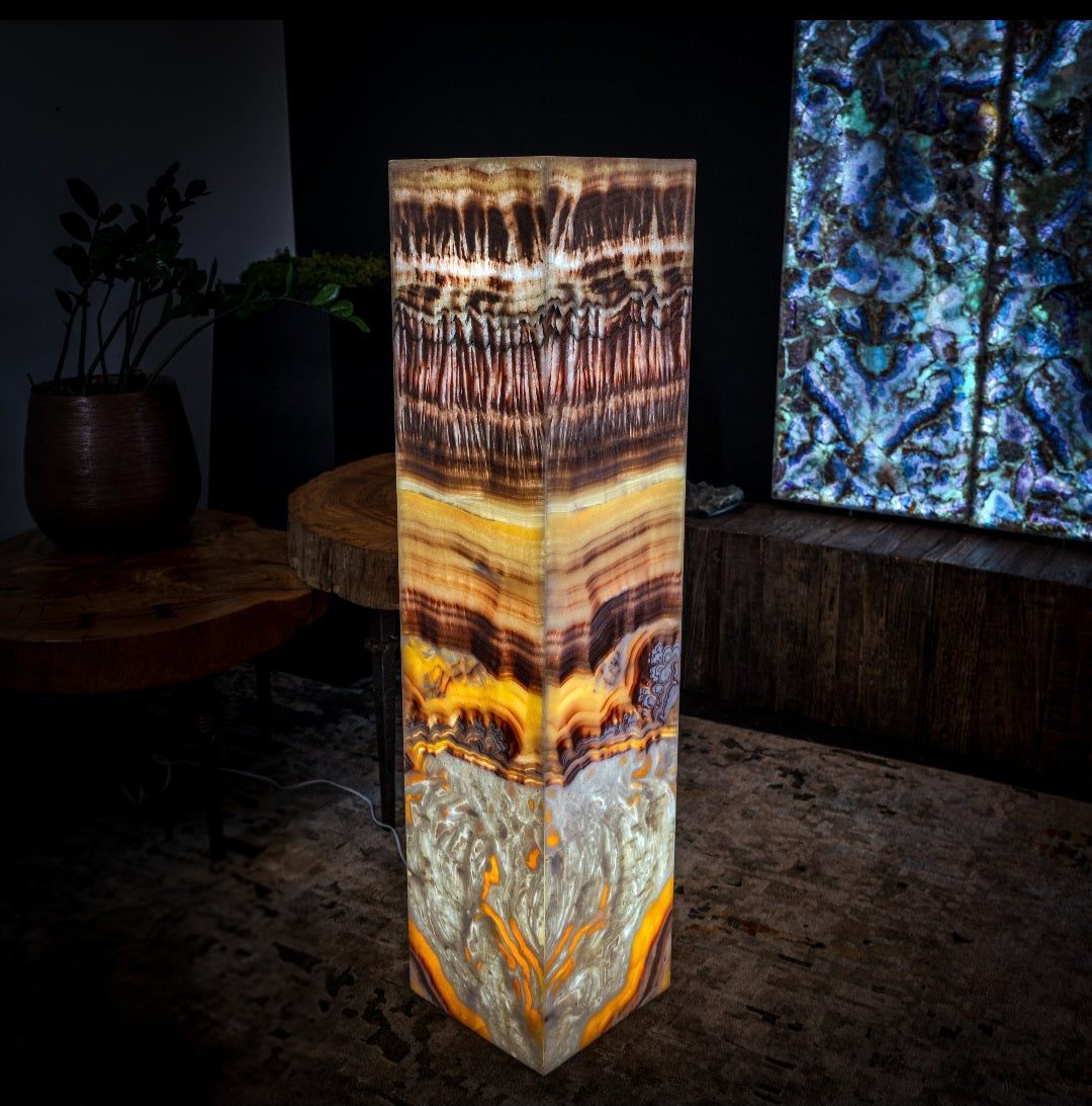 Golden Cloud Onyx Floor Lamp - Exotic Dragon Eye - Medium - 51.25"H x 12"W - Square - #1