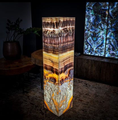 Golden Cloud Onyx Floor Lamp - Exotic Dragon Eye - Medium - 51.25"H x 12"W - Square - #1
