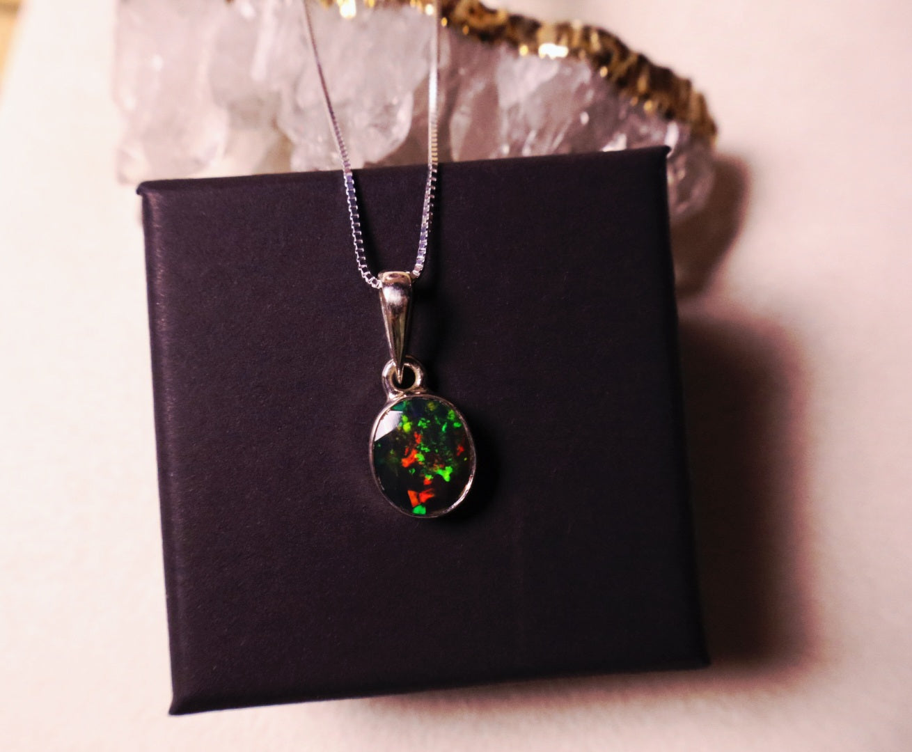 Oval Black opal Pendant with Adjustable chain 925 sterling.
