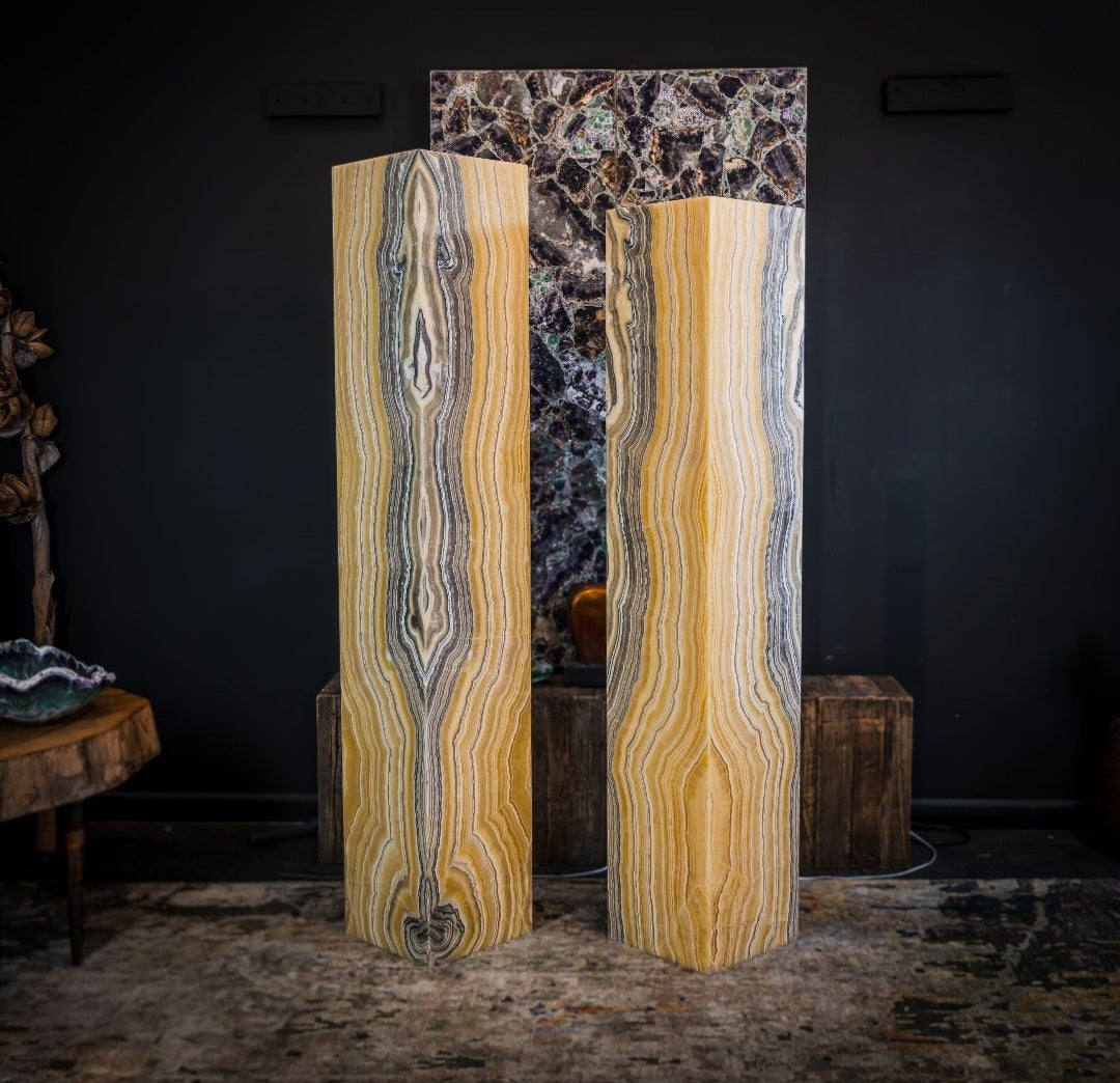 Golden Cloud Onyx Floor Lamp - Pair - Large - 63-67"H x 12-12"W - Square