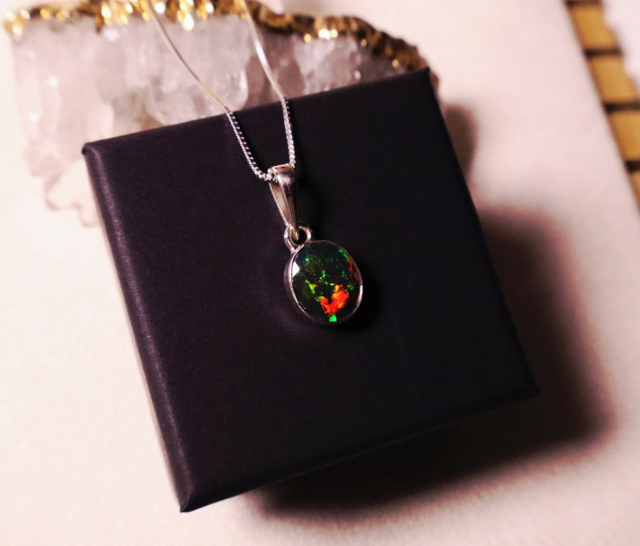 Oval Black opal Pendant with Adjustable chain 925 sterling.