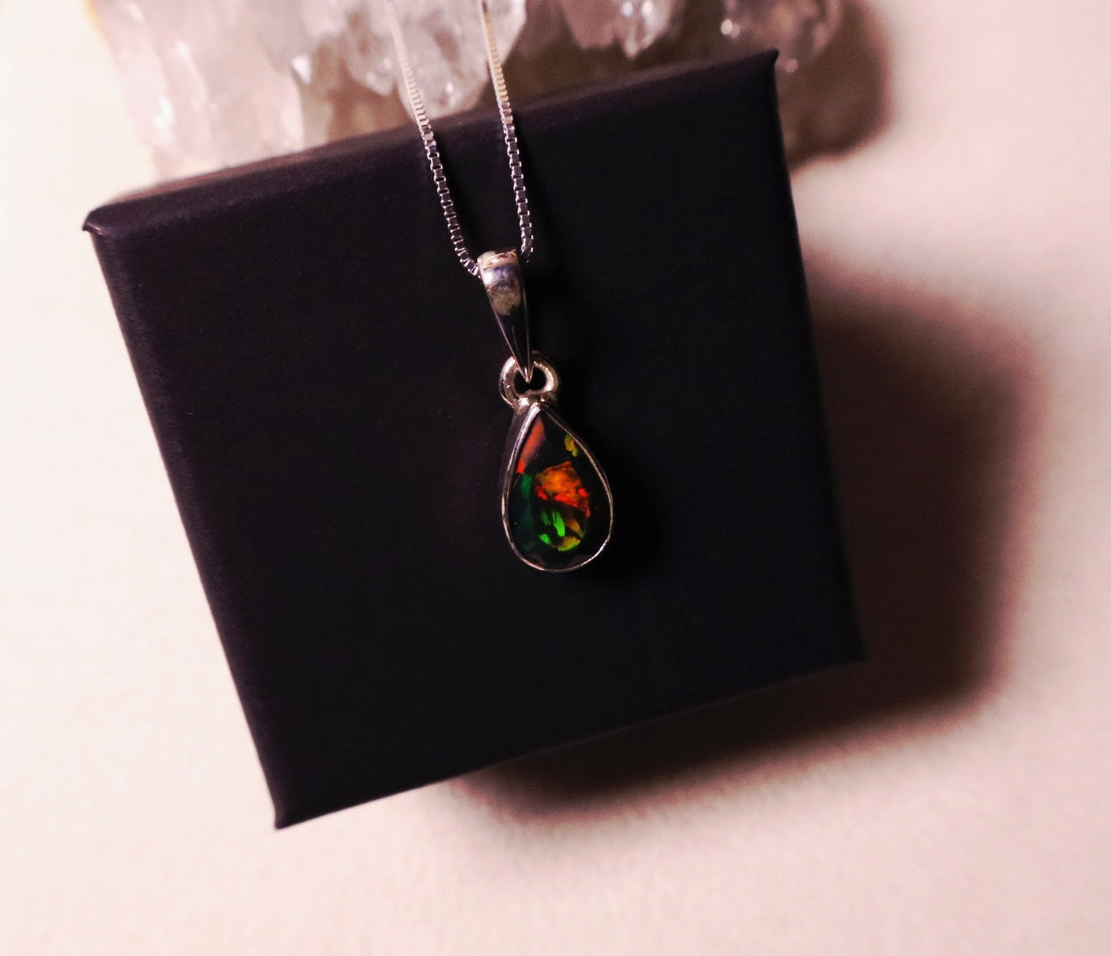 Raindrop Black Opal pendant with Adjustable chain 925 sterling.