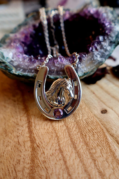 Sterling Silver Large Horseshoe Necklace with Friesian Horse Head Amethyst 18"
