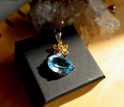 Genuine Blue Topaz & Citrine/ 925 flower necklace