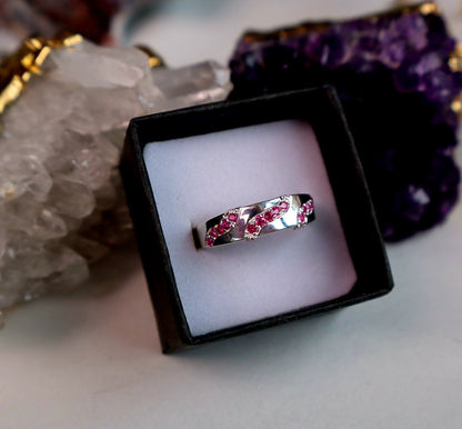 Size 8 Genuine Pink Sapphire WaveBand Sterling Silver Ring