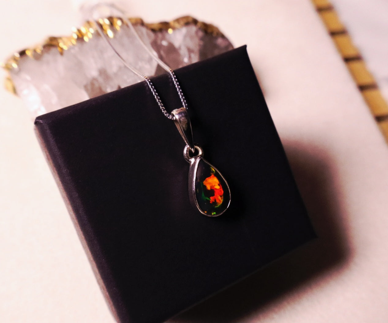 Raindrop Black Opal pendant with Adjustable chain 925 sterling.