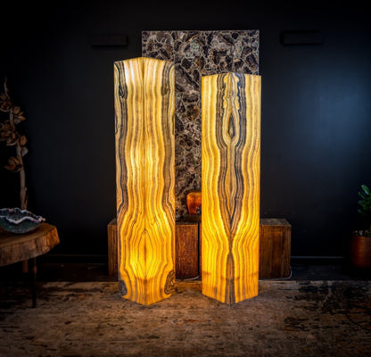 Golden Cloud Onyx Floor Lamp - Pair - Large - 63-67"H x 12-12"W - Square