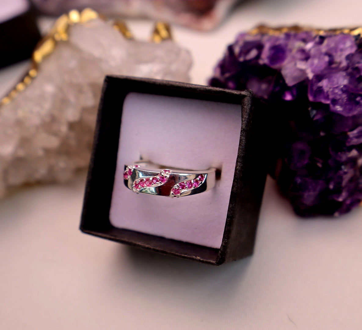 Size 8 Genuine Pink Sapphire WaveBand Sterling Silver Ring