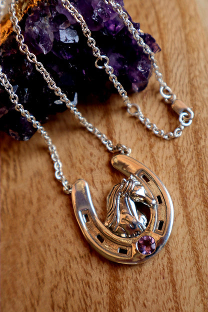 Sterling Silver Large Horseshoe Necklace with Friesian Horse Head Amethyst 18"