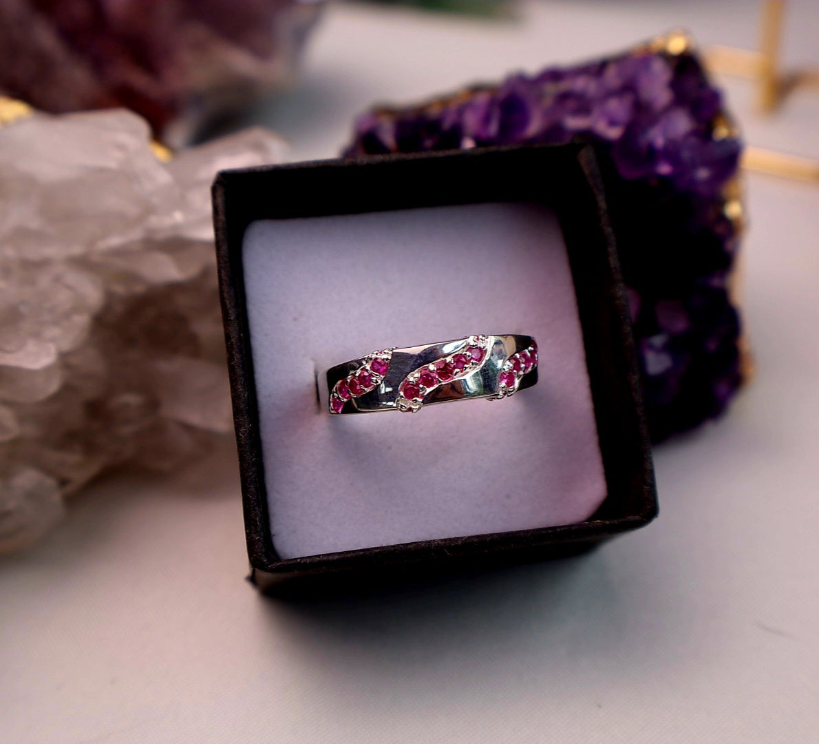 Size 8 Genuine Pink Sapphire WaveBand Sterling Silver Ring