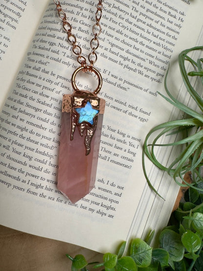 Rose Quartz Tower and Moonstone Star Statement Necklace