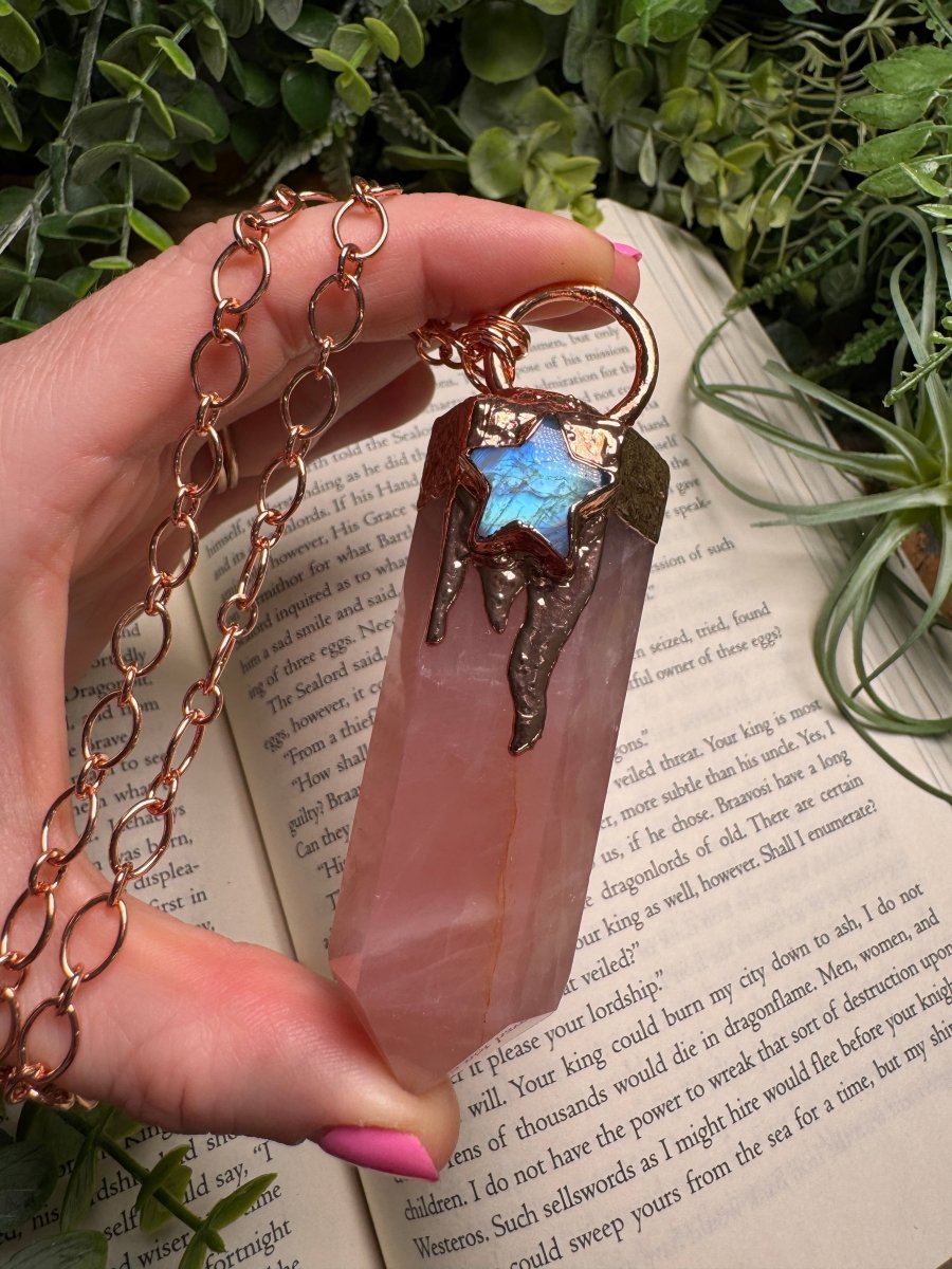 Rose Quartz Tower and Moonstone Star Statement Necklace
