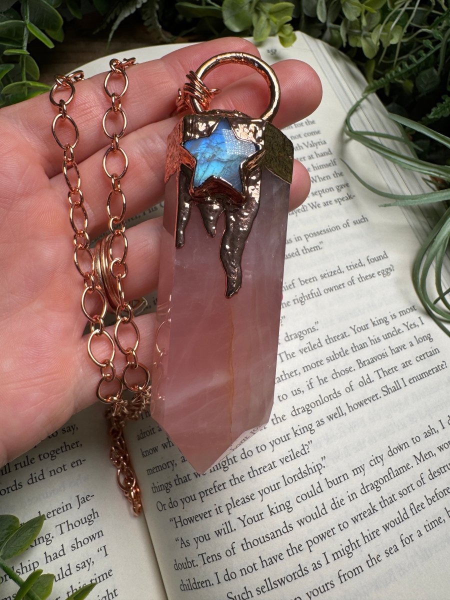 Rose Quartz Tower and Moonstone Star Statement Necklace