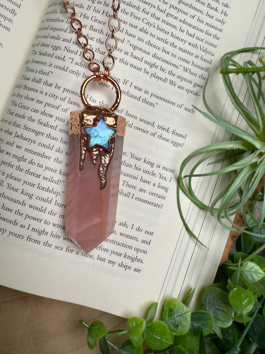 Rose Quartz Tower and Moonstone Star Statement Necklace