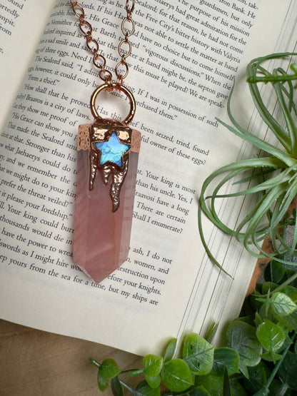 Rose Quartz Tower and Moonstone Star Statement Necklace